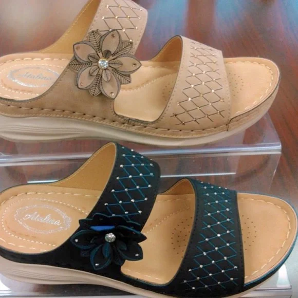 Italina Tan Comfort Flower Rosette Slip-On Wedge Heel Padded Slide Sandal - Picture 2 of 4